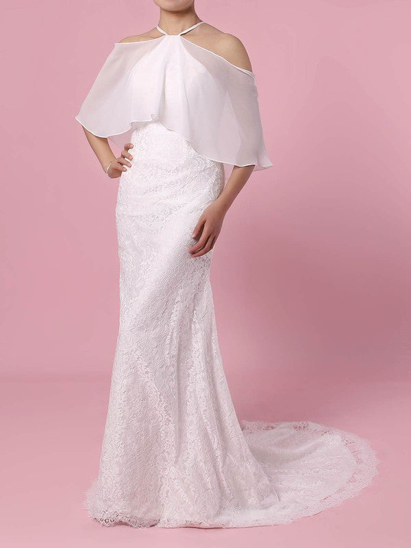 Deluxe Lace Chiffon Mermaid Off-The-Shoulder Jewel Wedding Dresses with Court Train
