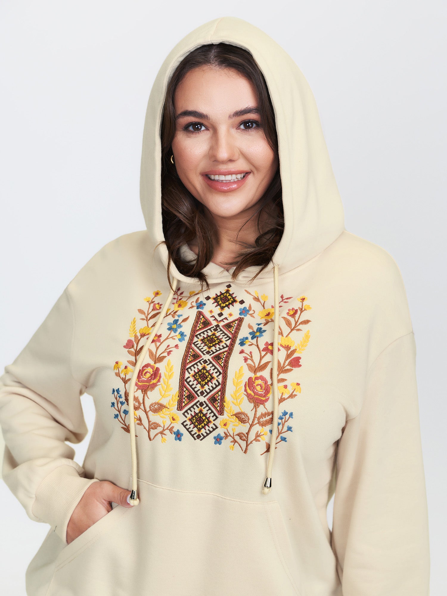Boho Floral Embroidery Drop Shoulder Hoodie