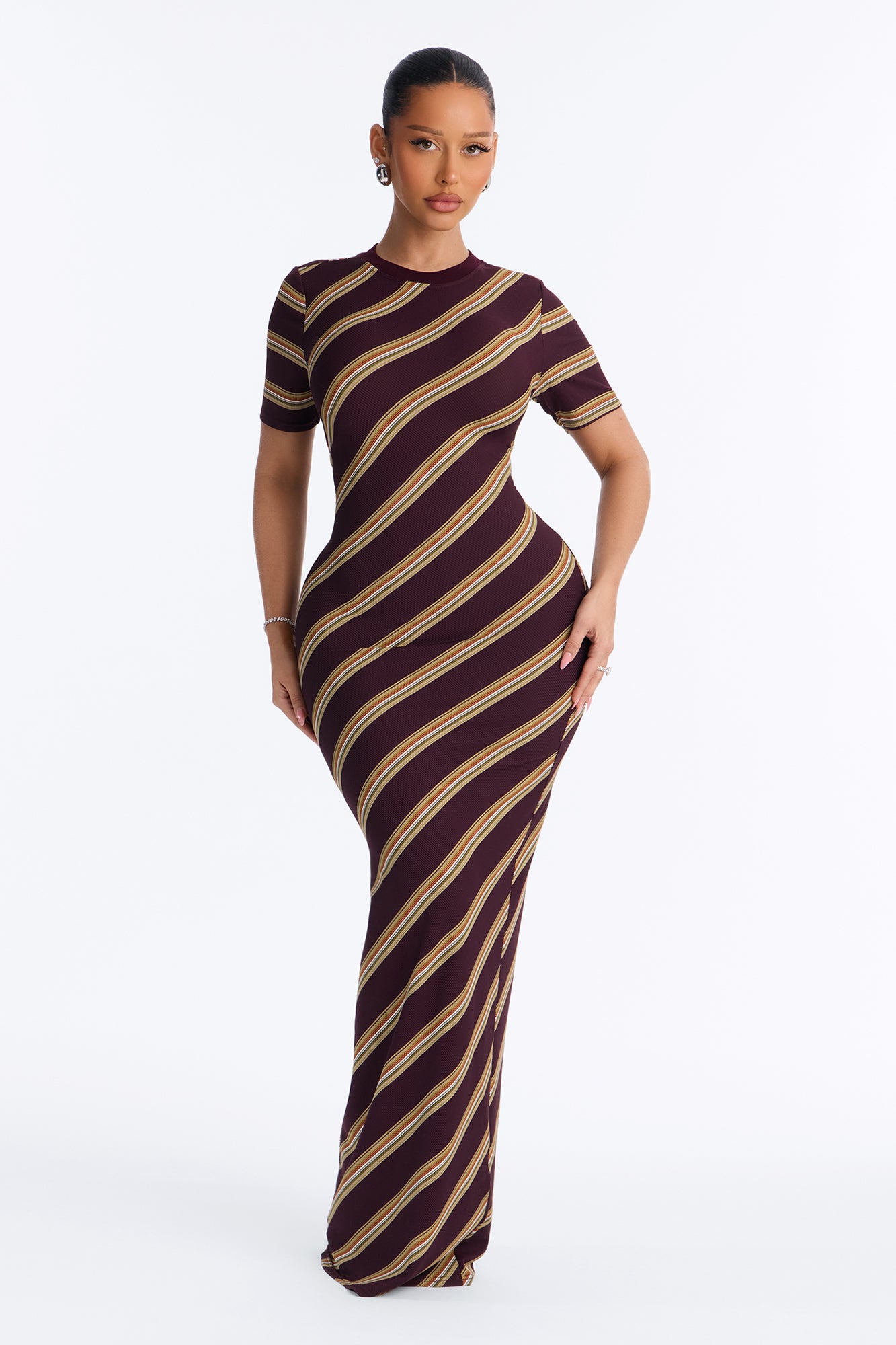 Amelia Short Sleeve Ribbed Maxi Dress - Burgundy/combo