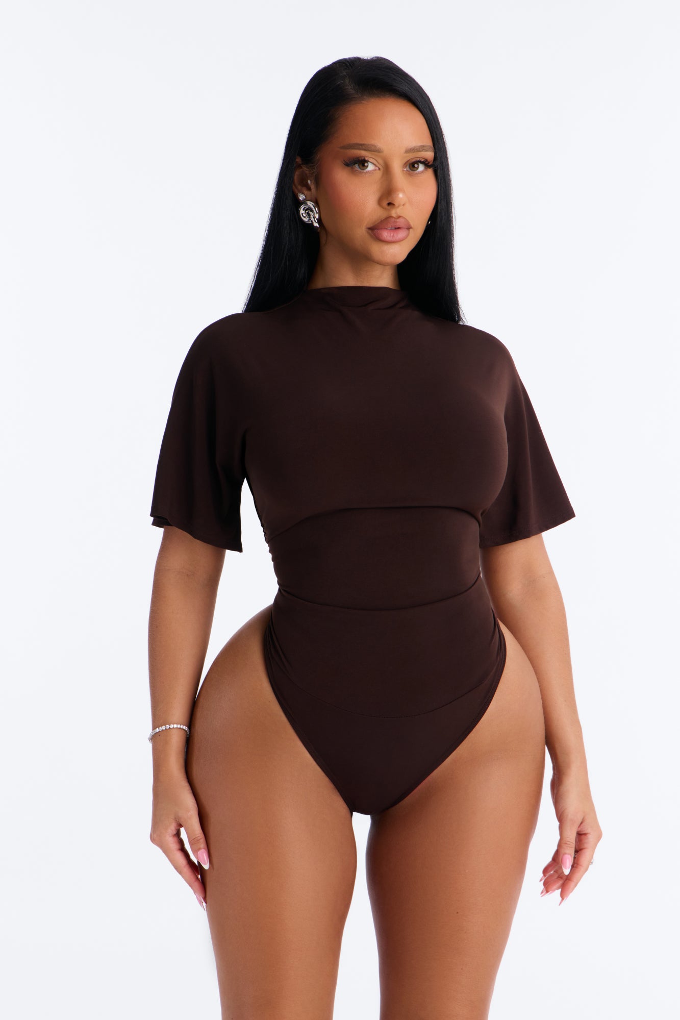 Monique Mock Neck Short Sleeve Bodysuit - Chocolate
