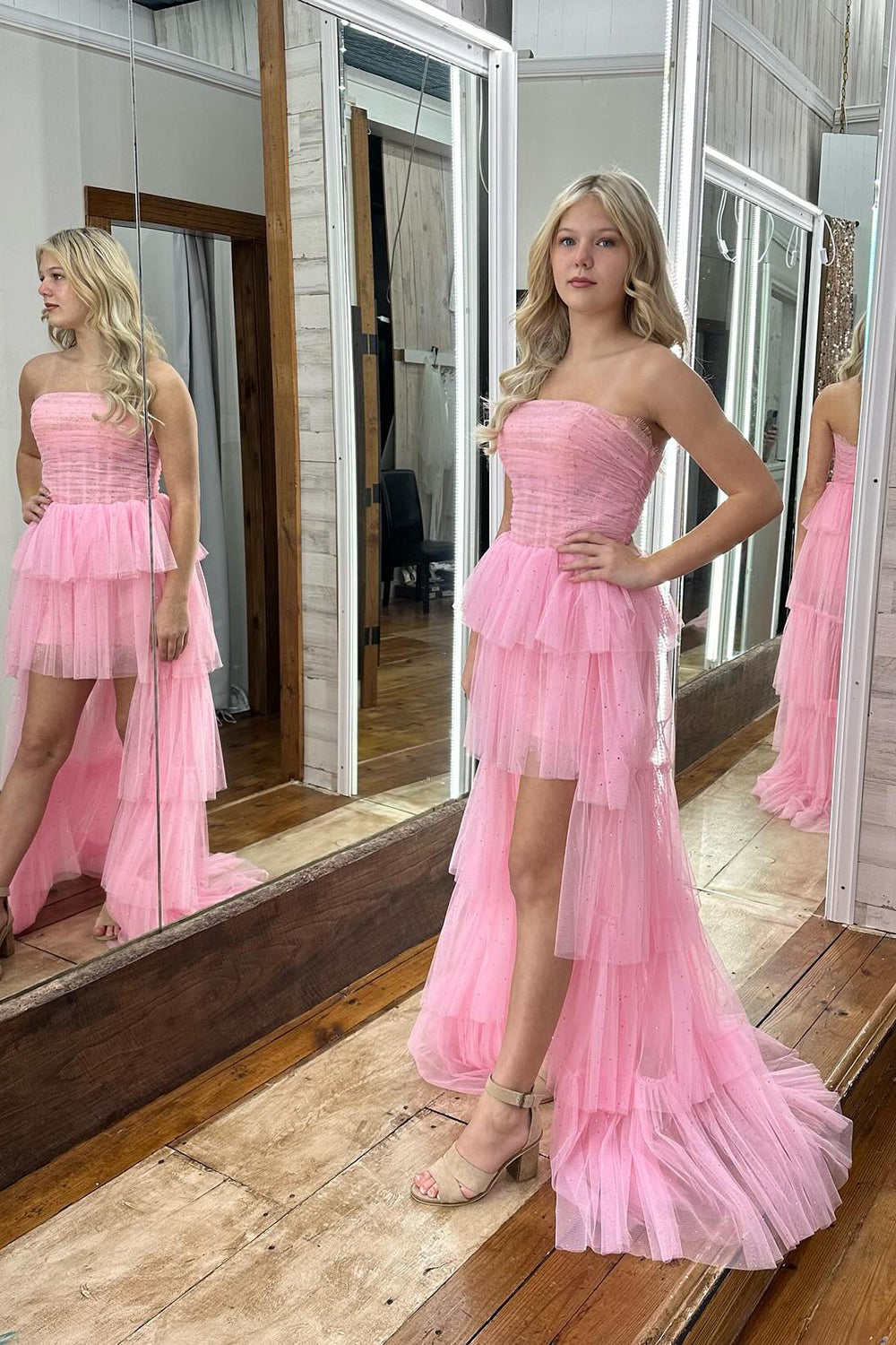 Pink Corset Strapless A-Line High Low Short Homecoming Dress/Mini Dress with Ruffles
