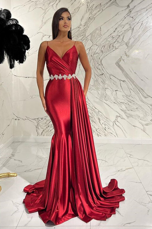 Romantic Deep V-Neck Red Mermaid Spaghetti-Straps Evening Dress With Belt Ruffles