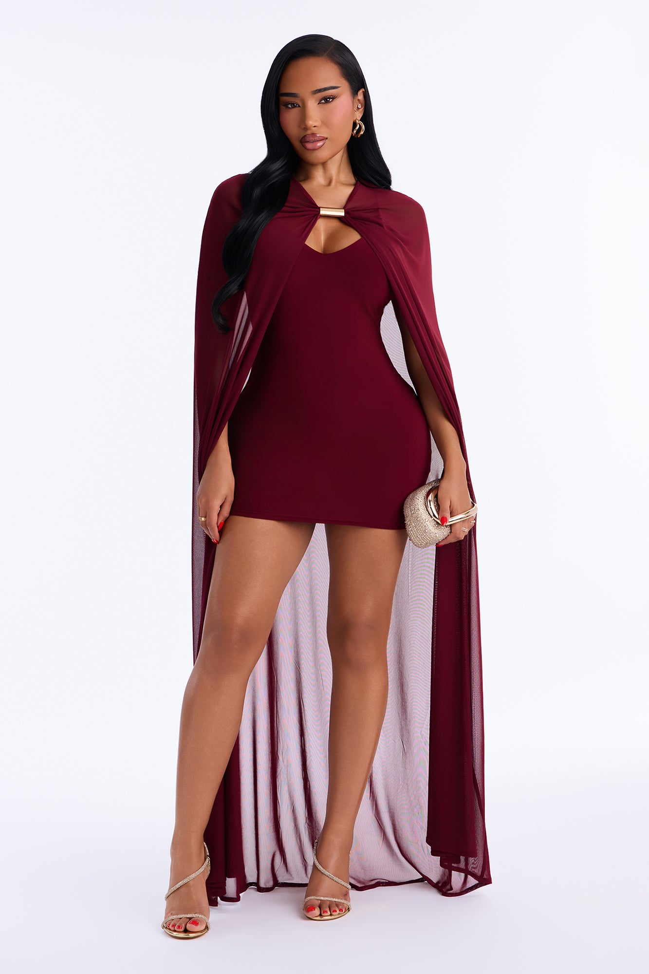Caelie Cape Mini Dress Set - Burgundy