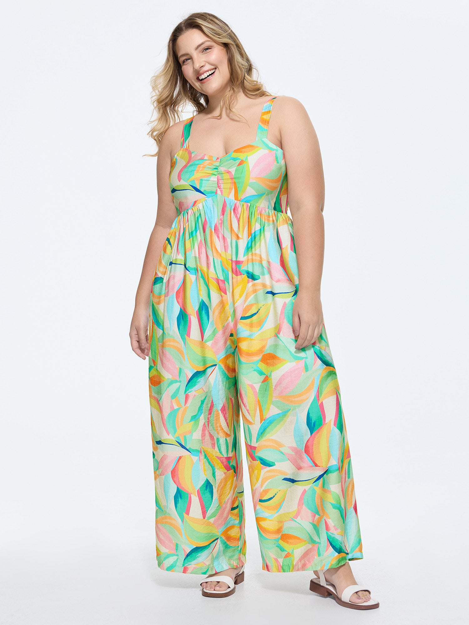 Colorful Floral Print Ruched Jumpsuit