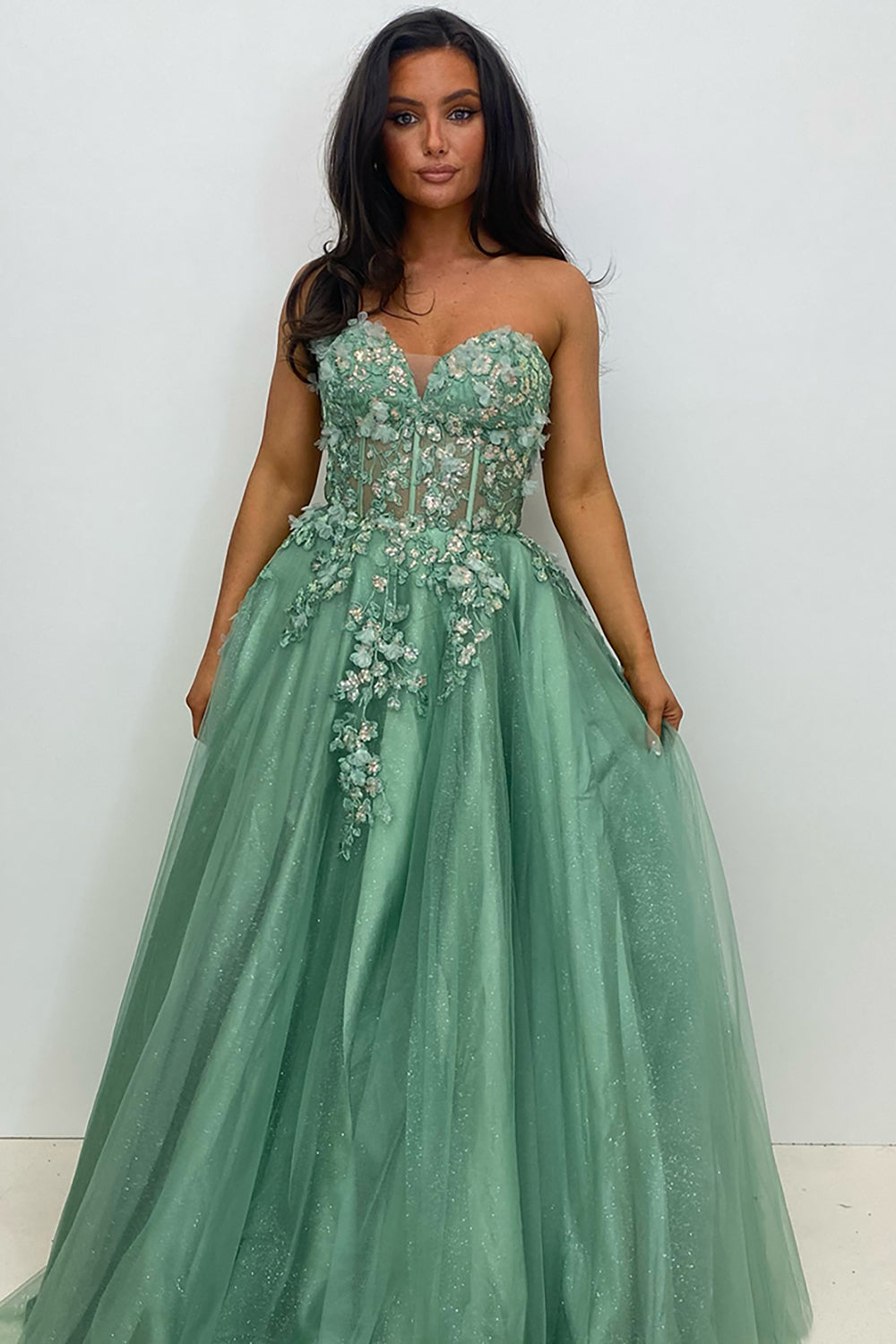 Long Corset Prom Dress in Sage Green with Sweetheart Neckline Tulle Tiered A-Line and Appliques