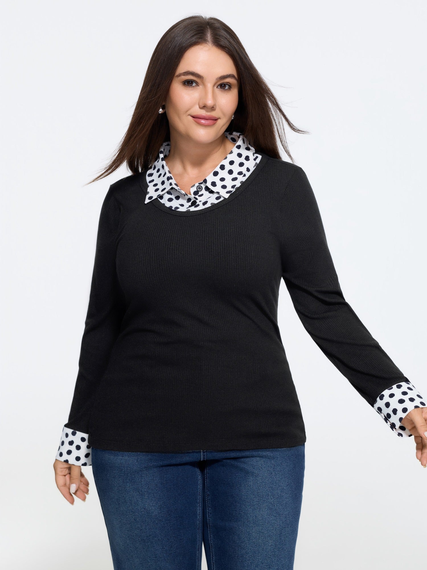 2 In 1 Polka Dot Patchwork Ribbed Top