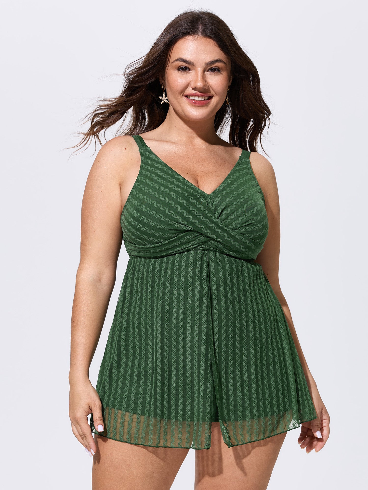 Striped Lace Mesh Twist-Front Swim Top