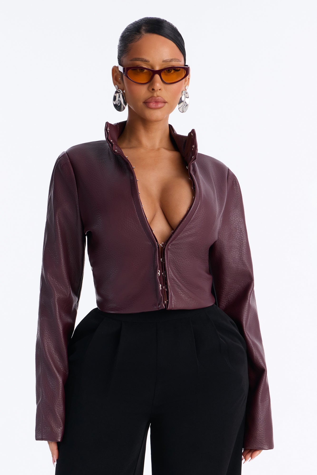 The Covert Muse Faux Leather Fitted Moto Jacket - Burgundy