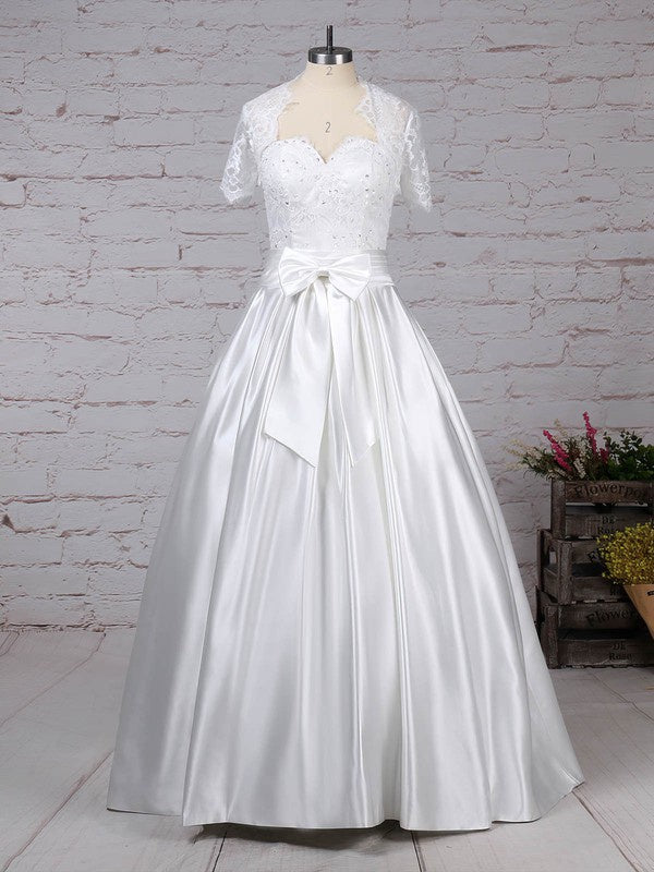 Deluxe Sweetheart Short Sleeves Satin Floor-Length Ball Gown Wedding Dresses