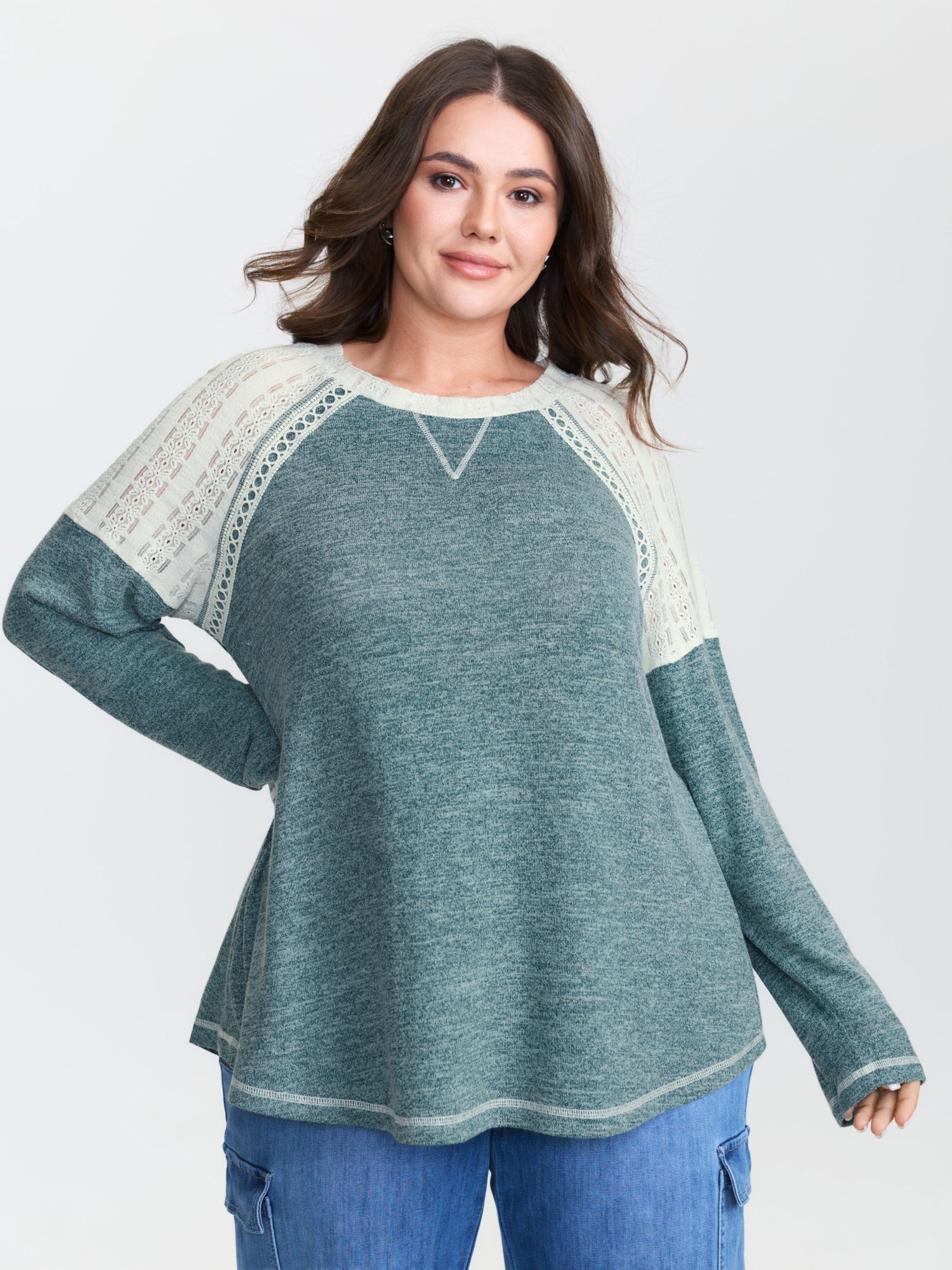 Colorblock Raglan Sleeve Lace Trim T-Shirt