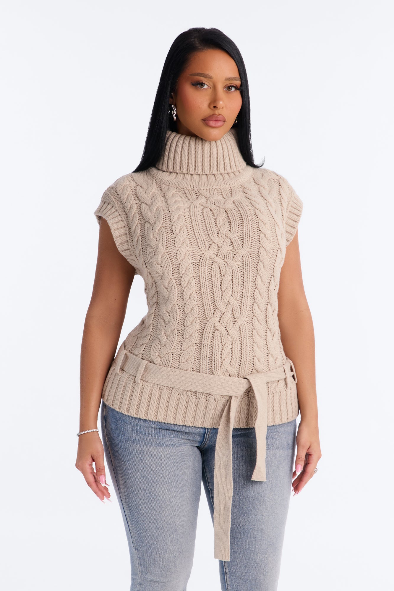 Nadine Sleeveless Cable Knit Sweater - Taupe