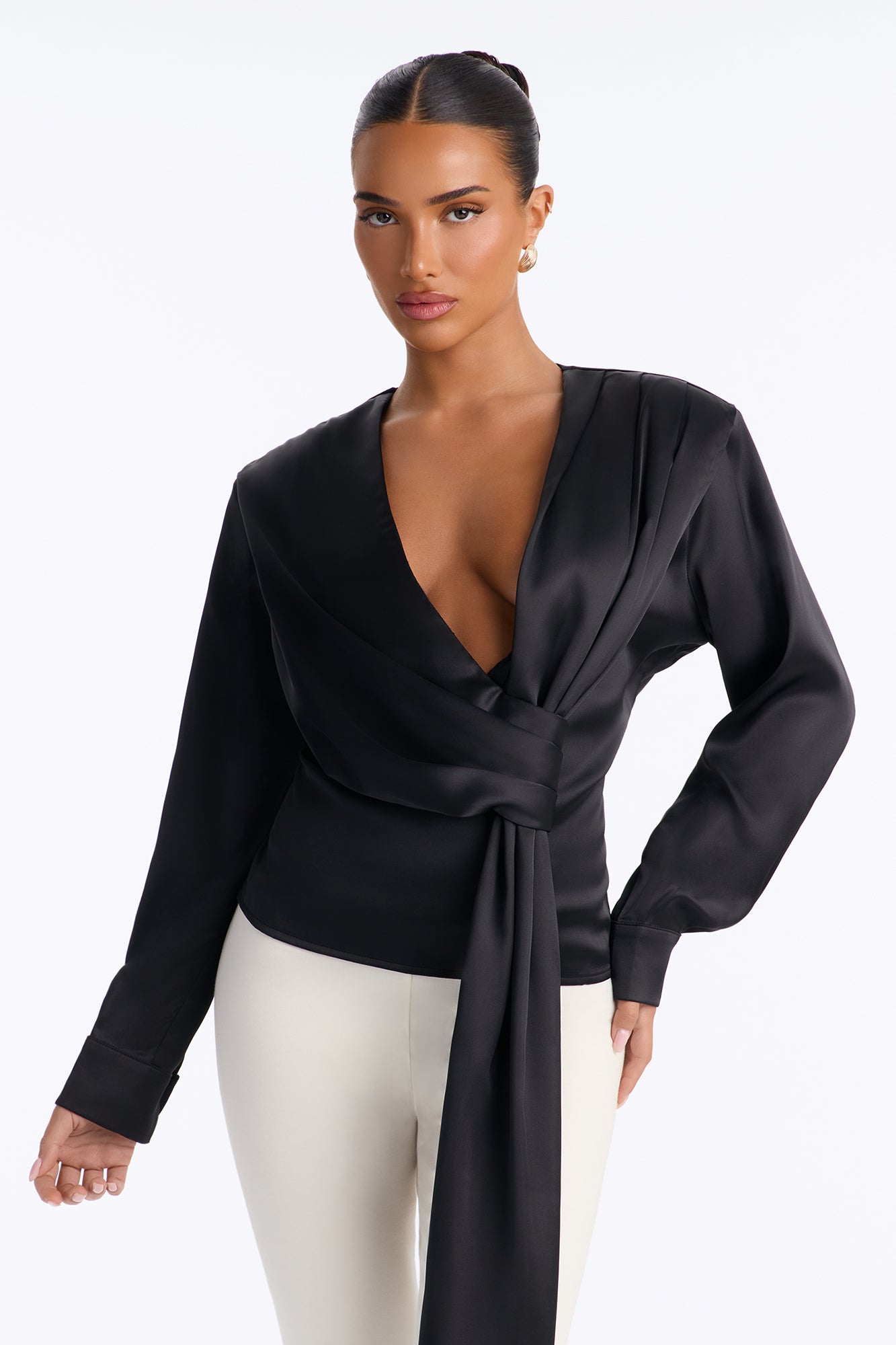 Soft Luxury Draped Satin Blouse - Black