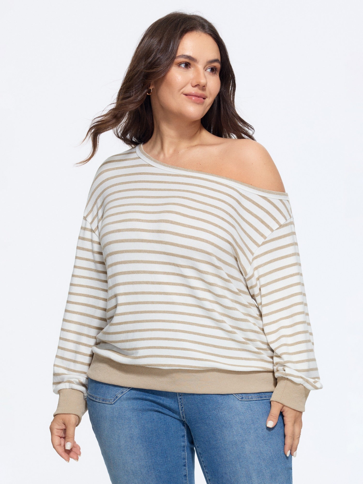 Stripe Print Off Shoulder Long Sleeve Sweatshirt
