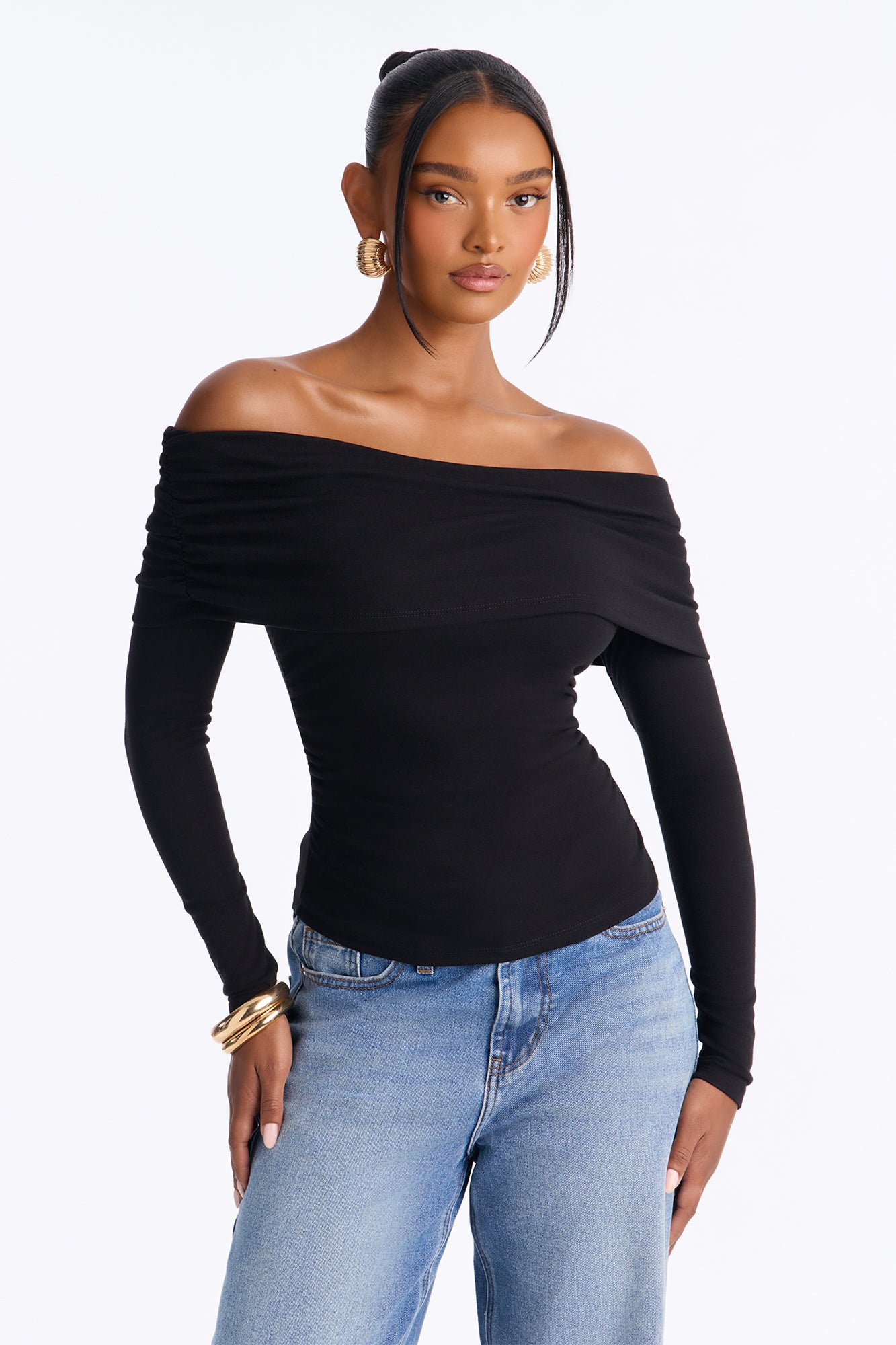 Kimmy Off Shoulder Long Sleeve Top - Black