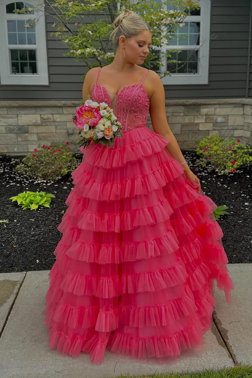 Long A-Line Corset Prom Dress in Pink with Tulle Tiered Skirt and Spaghetti Straps Featuring Appliques