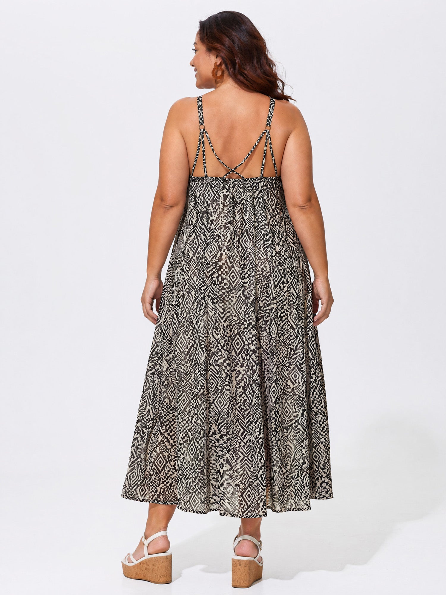Sheer Geometric Print Halter Neckline Slip Maxi Dress