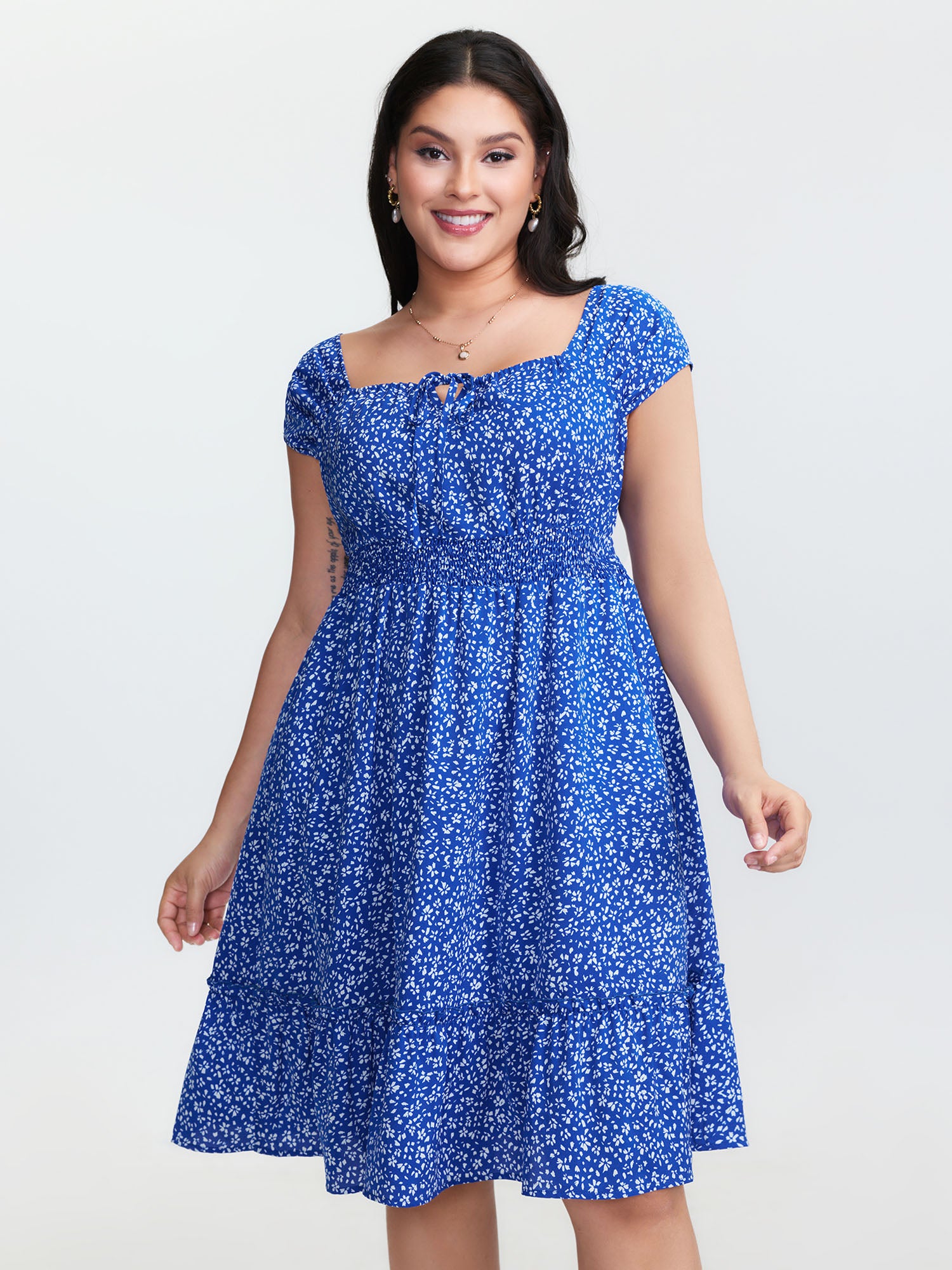 Micro Floral Print Bow-Tie Neckline Mini Dress
