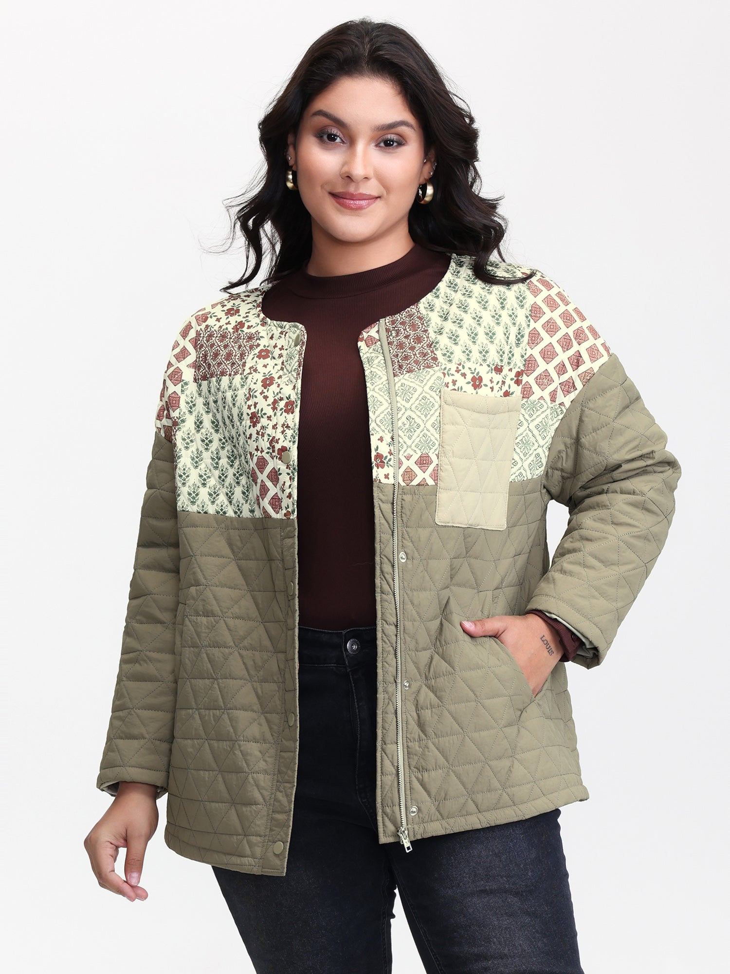 Floral Collage Print Pockets Quilted Jacket