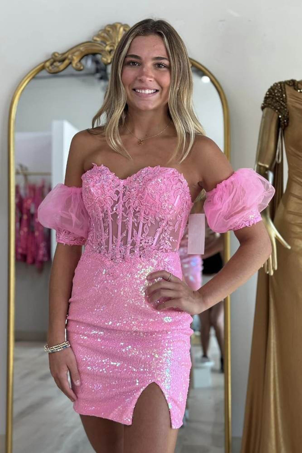 Sparkly Pink Tight Corset Sequined Short Homecoming Dress/Mini Dress with Lace