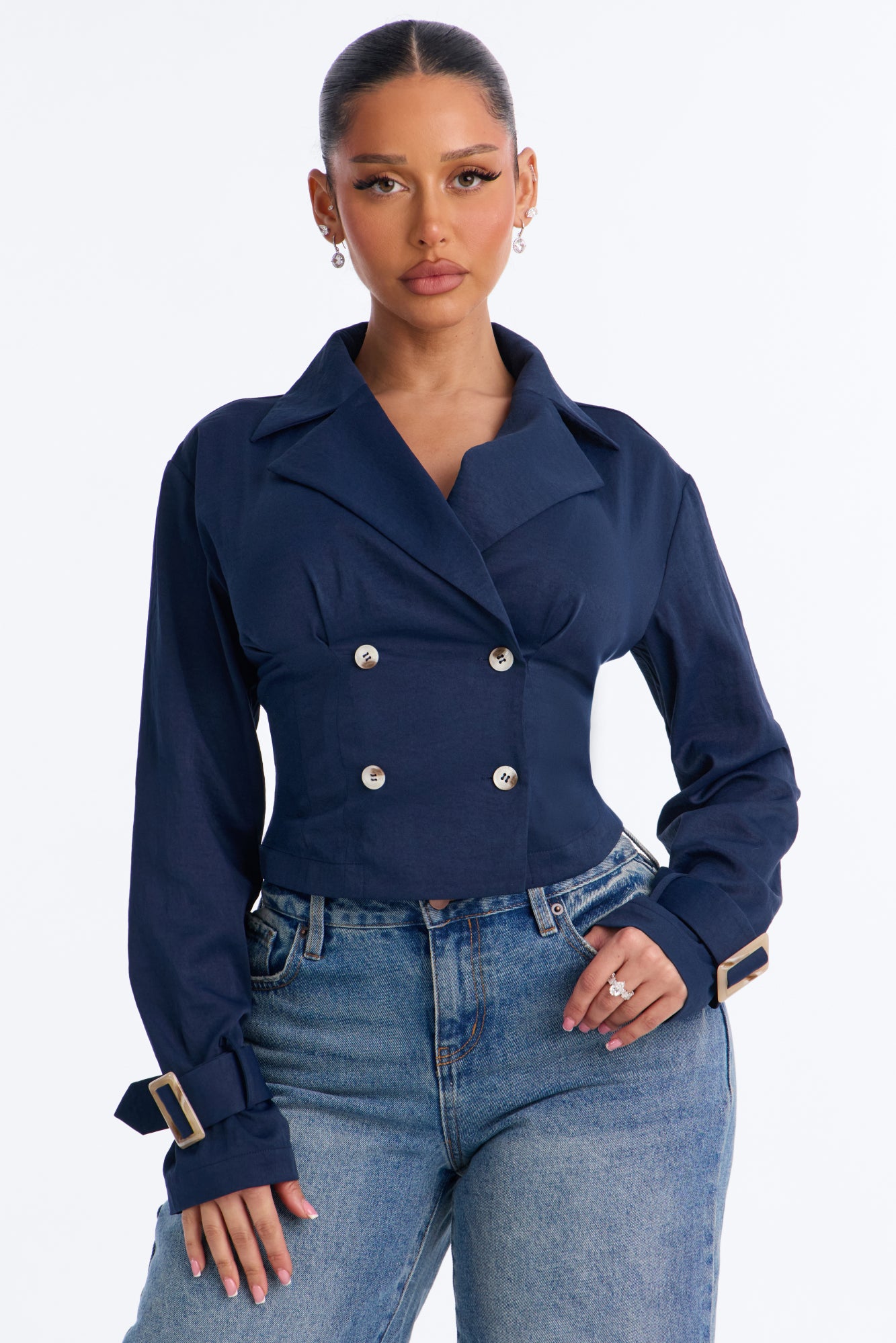 See It Through Button Up Long Sleeve Blouse - Navy