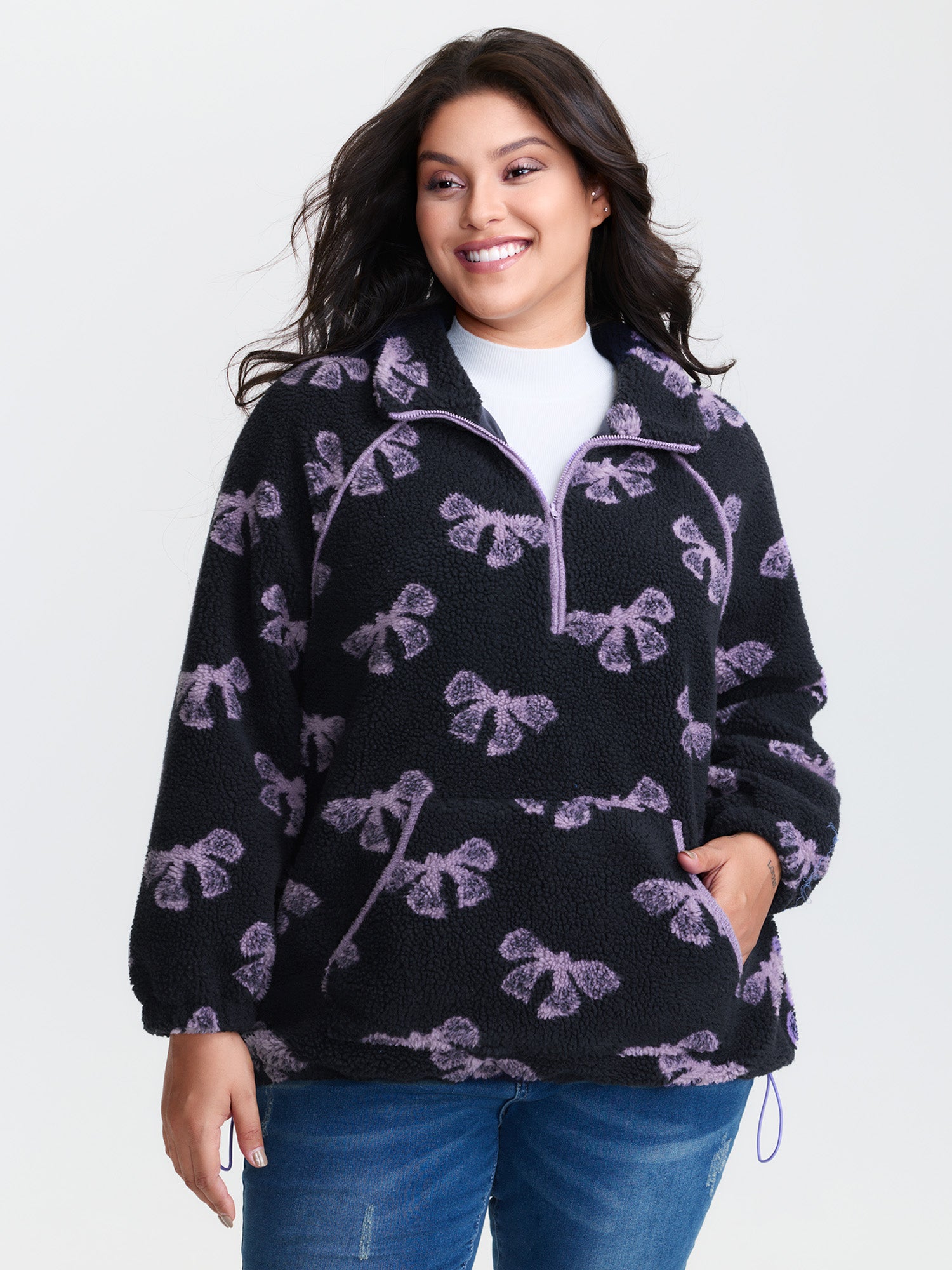Fluffy Texture Bowknot Pattern Adjustable Sweatshirt