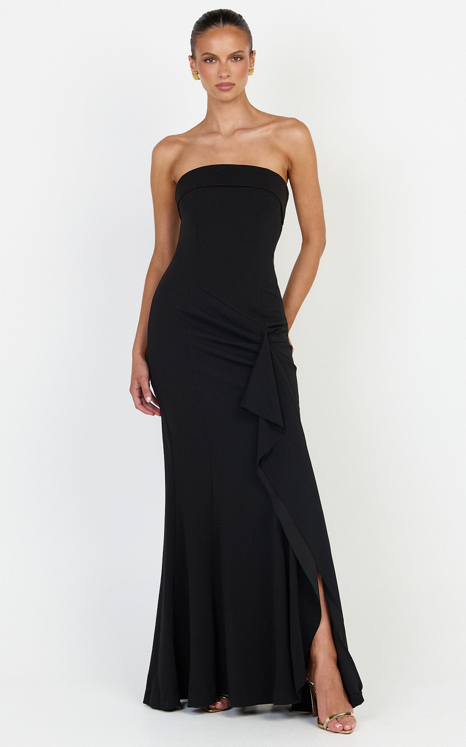 Leda Maxi Dress - Strapless Waterfall Sash Dress in Black
