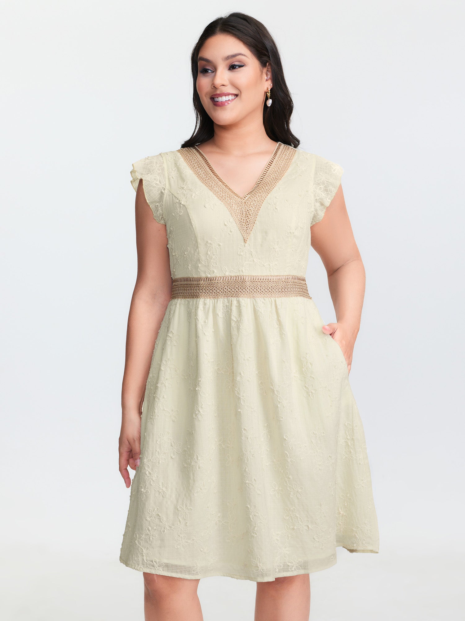 Textured Lace Trim V-Neck Flutter Sleeve Mini Dress