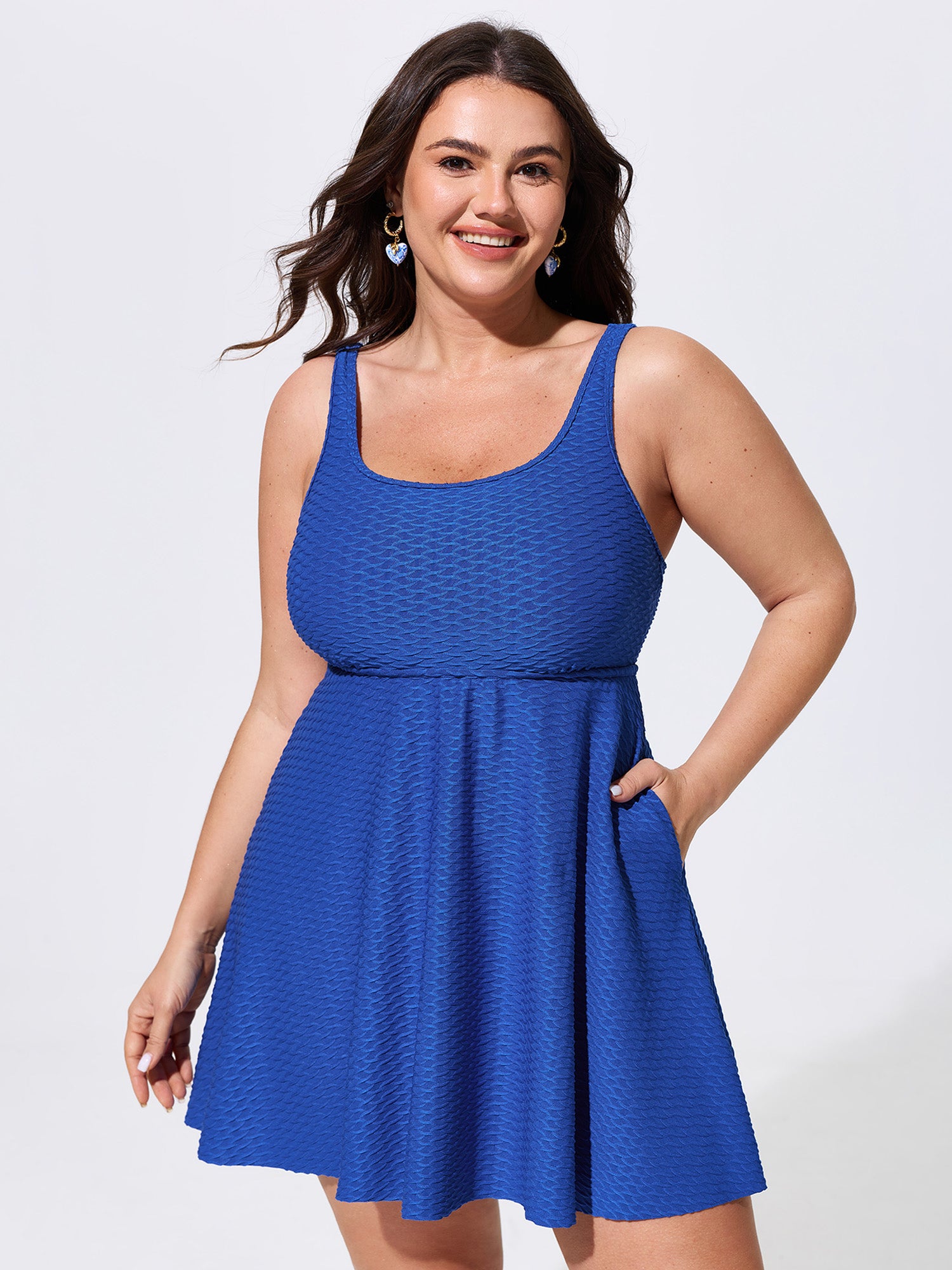 Textured Pockets Fit And Flare Swim Dress