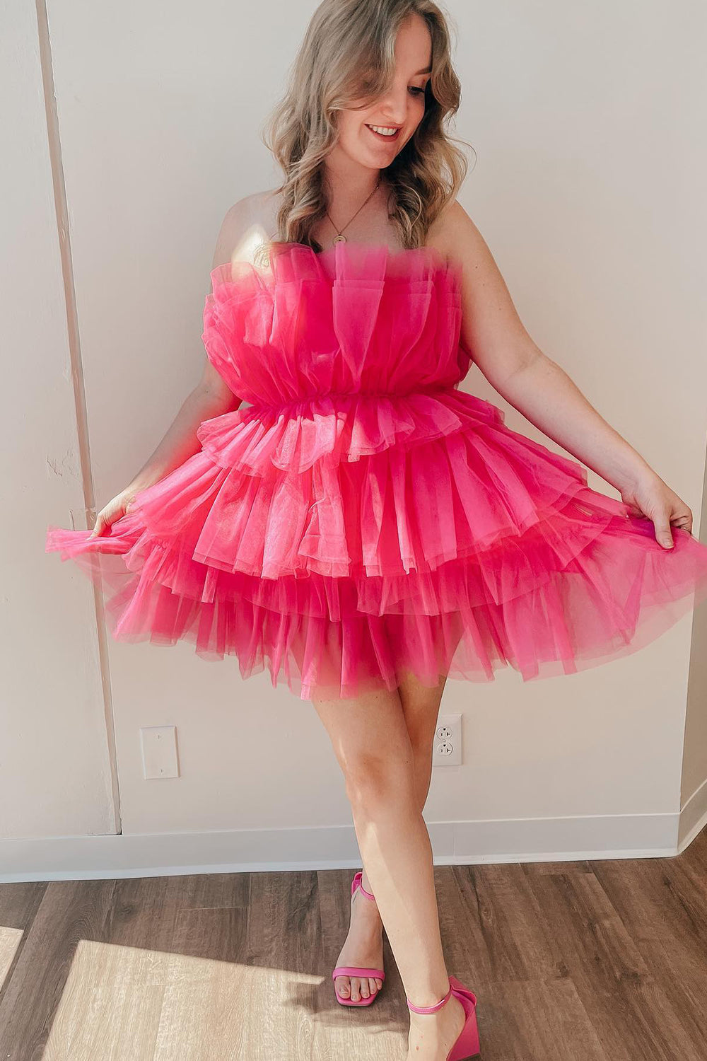 Pink Strapless A-Line Tiered Tulle Short Homecoming Dress/Mini Dress