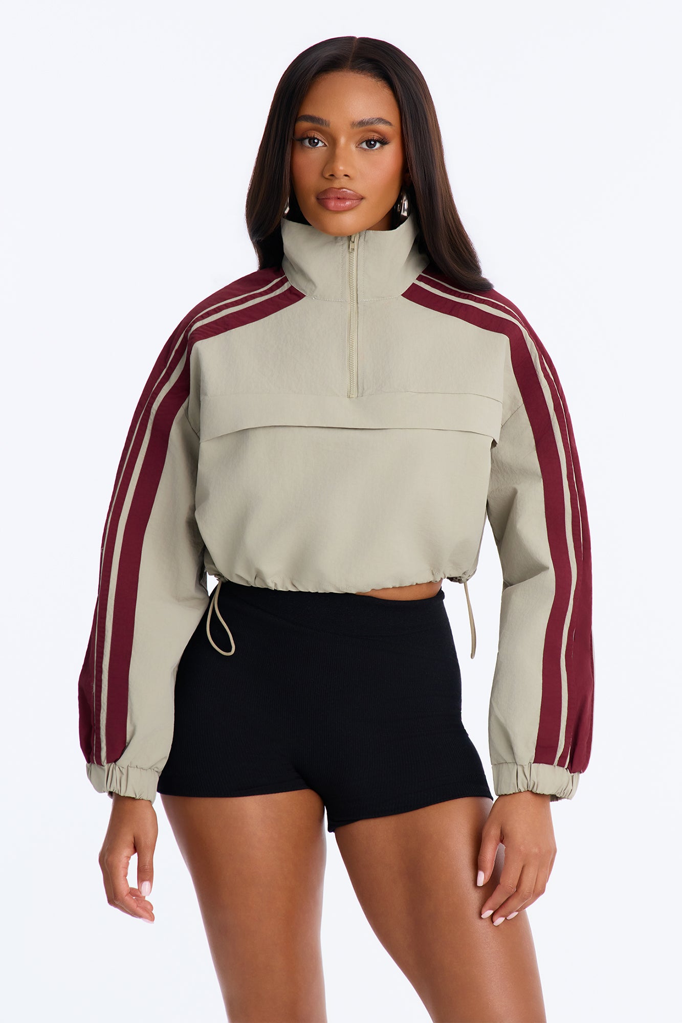 Power Moves Cropped Half Zip Funnel Neck Windbreaker Jacket - Olive/combo