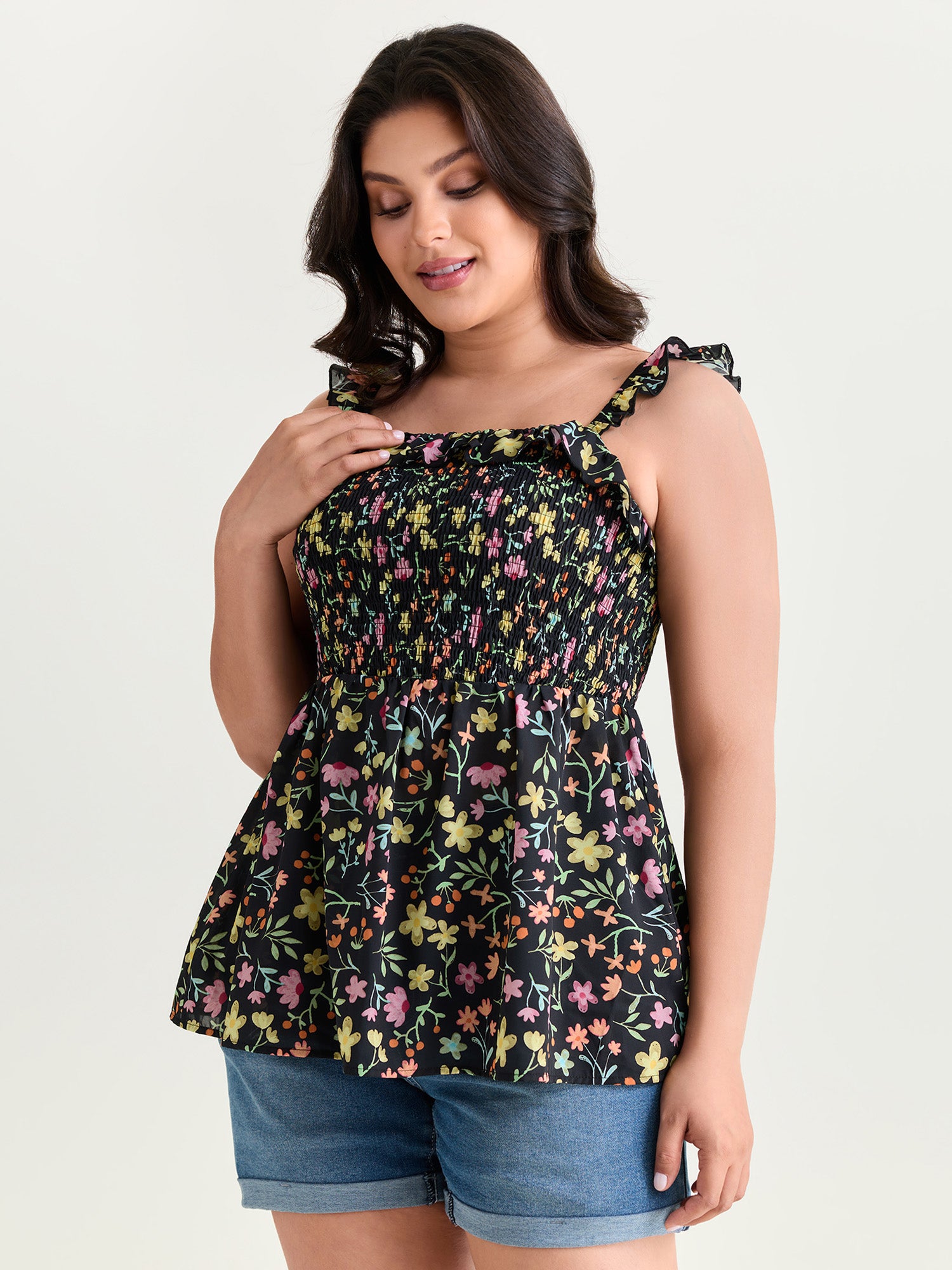 Floral Print Shirred Fit And Flare Tank Top