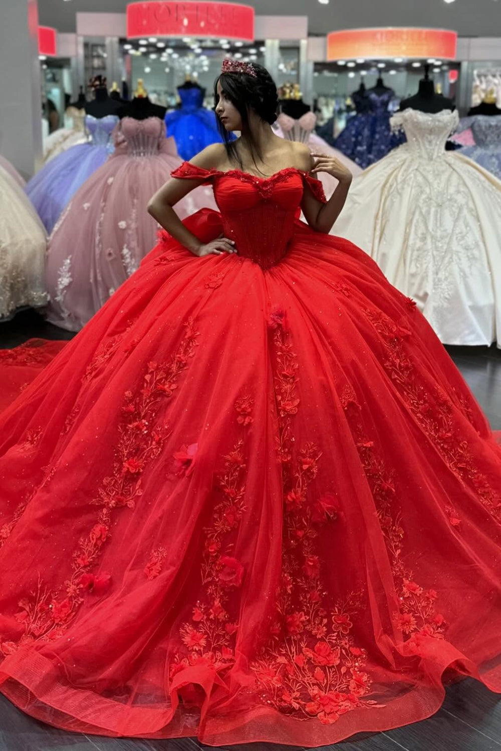Off the Shoulder Princess Tulle Quinceanera Dress in Red Floral with Train