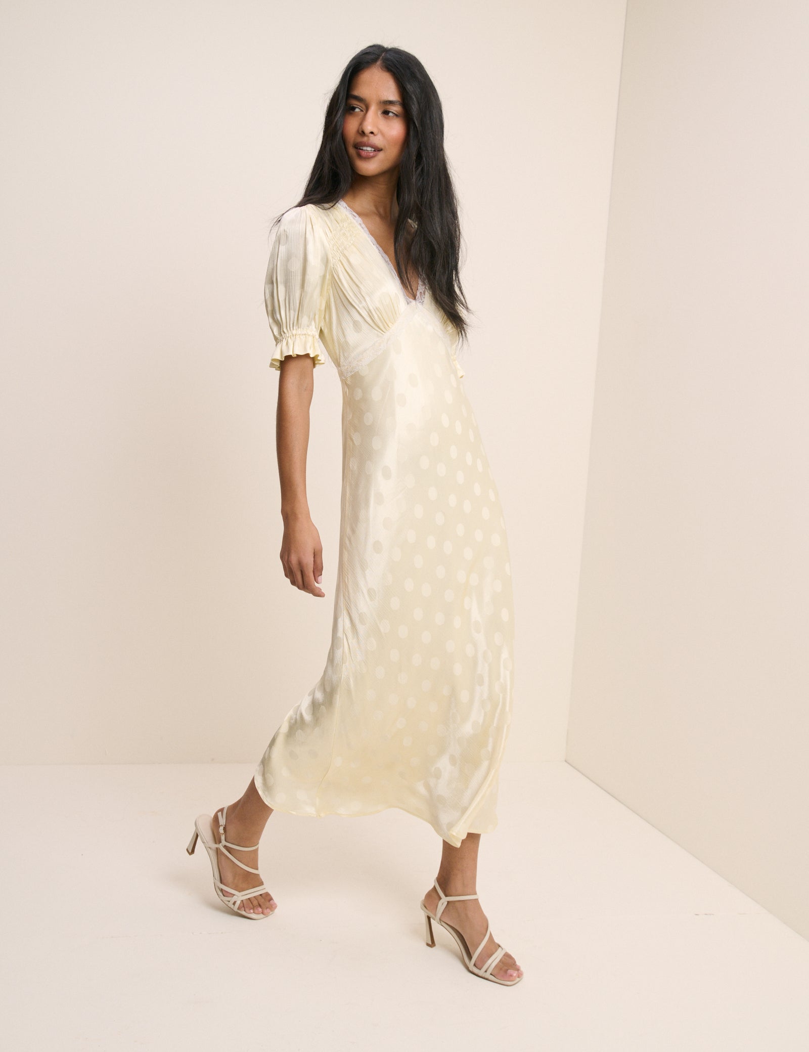 Butter Yellow Polka Dot Satin Angela Midi Dress
