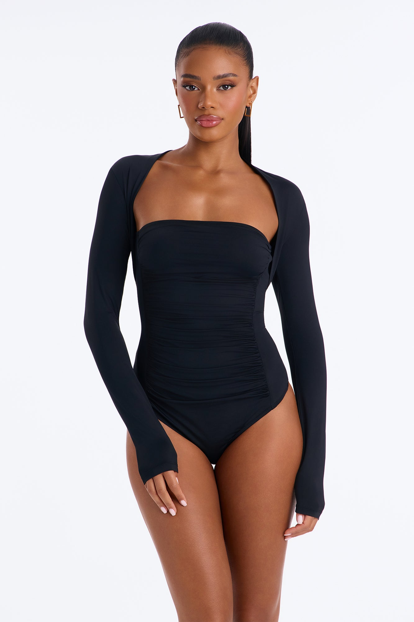 Kayla Ruched Square Neck Long Sleeve Bodysuit - Black