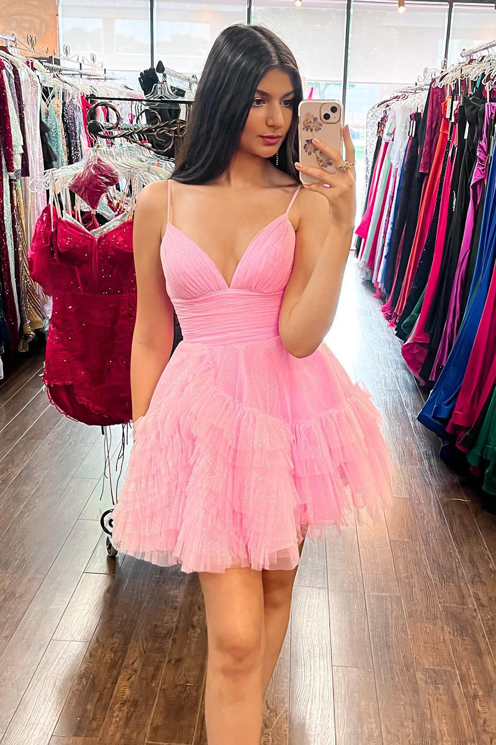 Glitter Pink Tulle A-Line Short Ruffled Homecoming Dress/Mini Dress