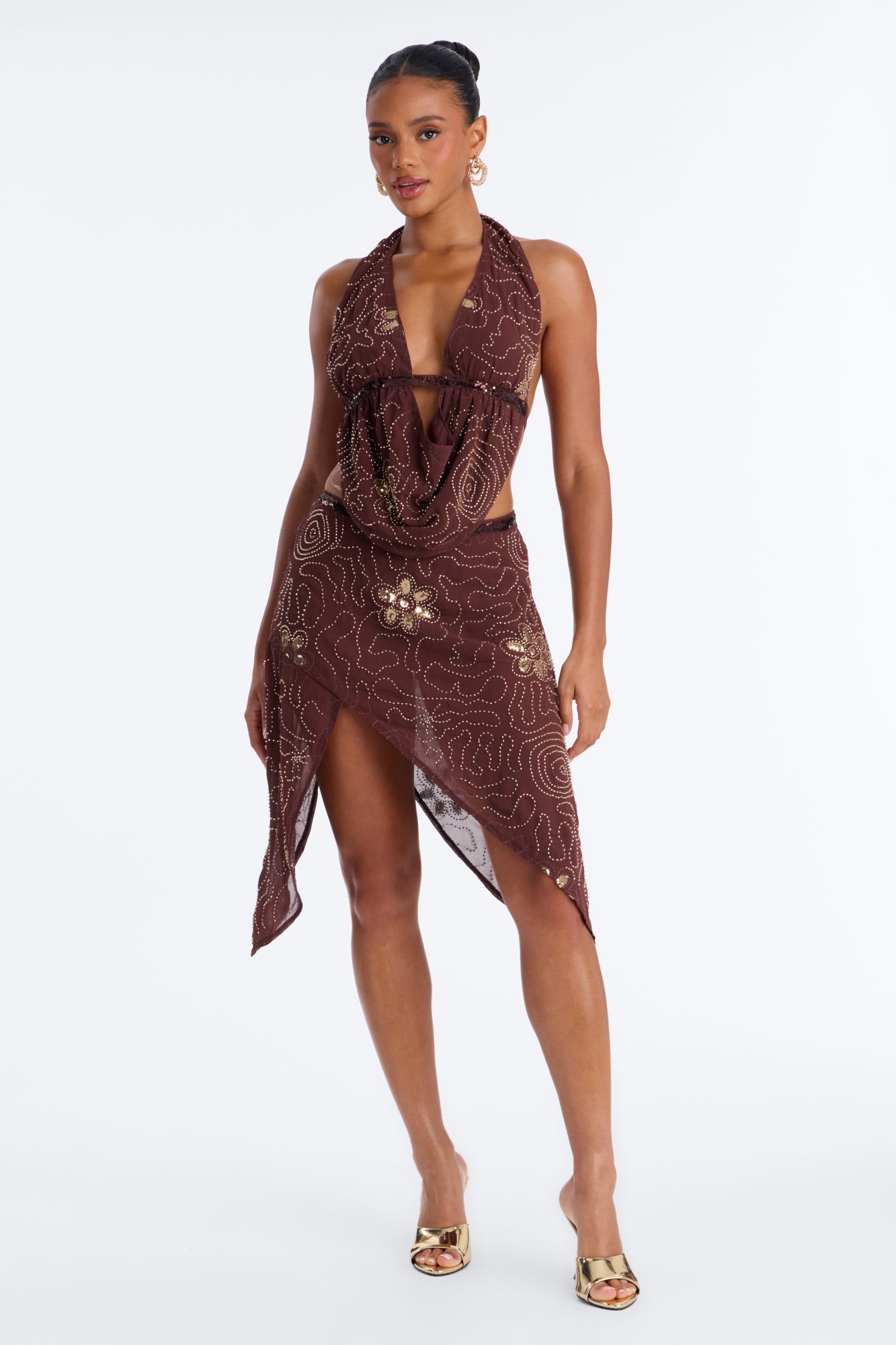 Miami Chic Embellished Chiffon Skirt Set - Chocolate