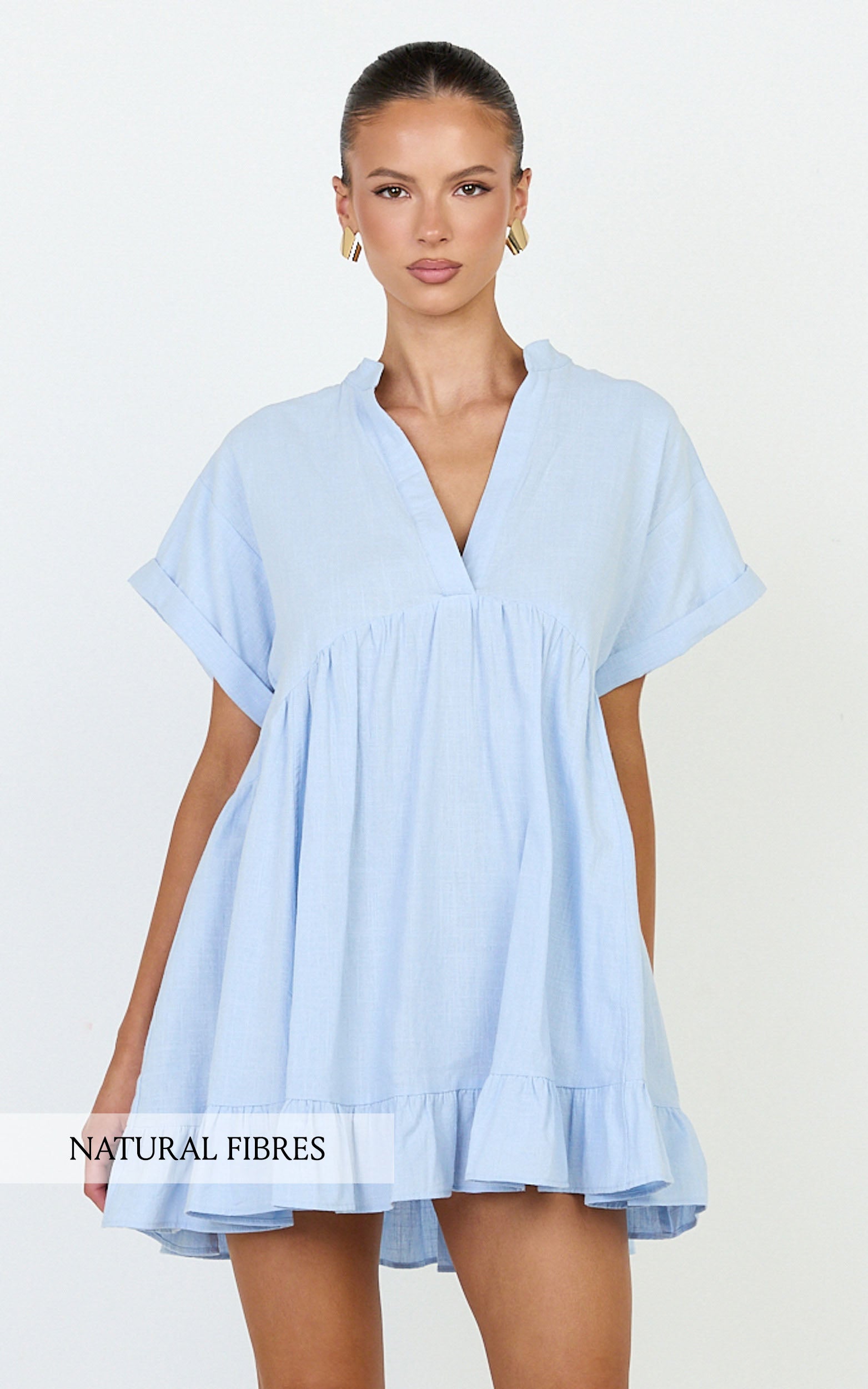 Calissa Mini Dress - Frill Hem Smock Dress in Light Blue