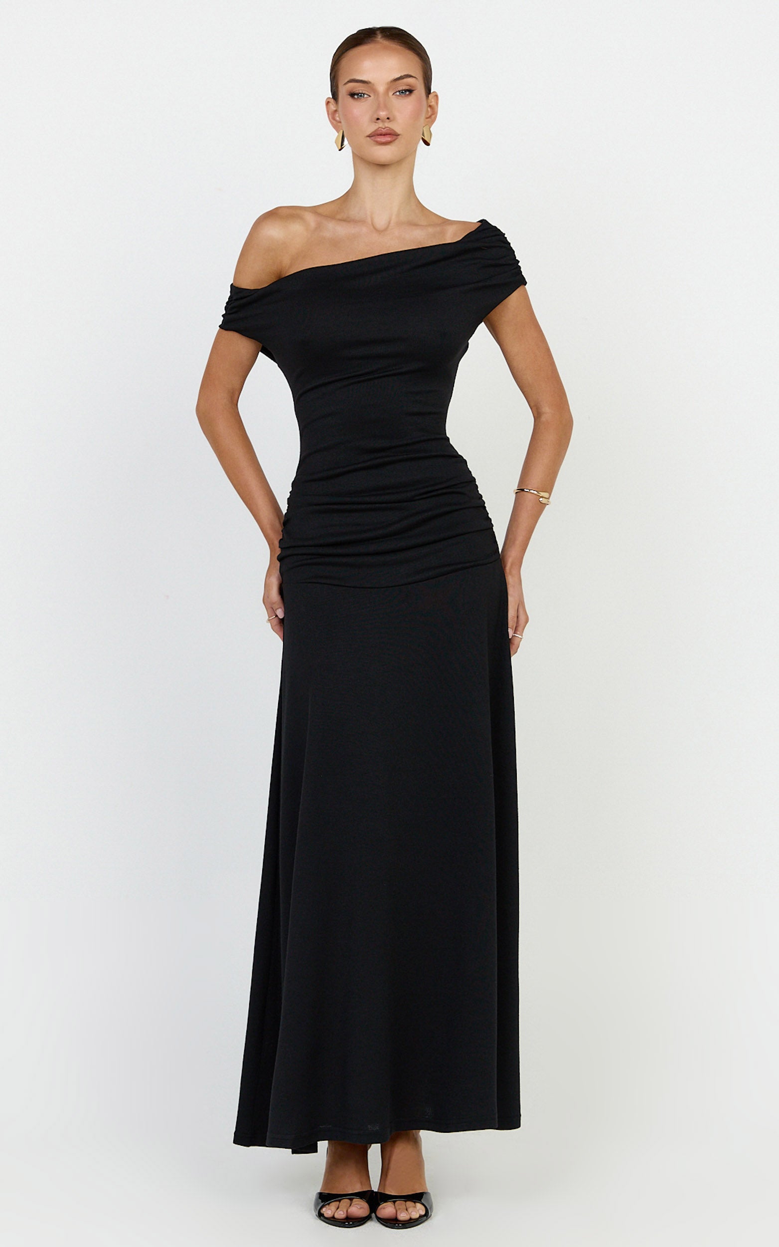 Ophelia Maxi Dress - Off Shoulder Ruched Fit And Flare Dress in Black