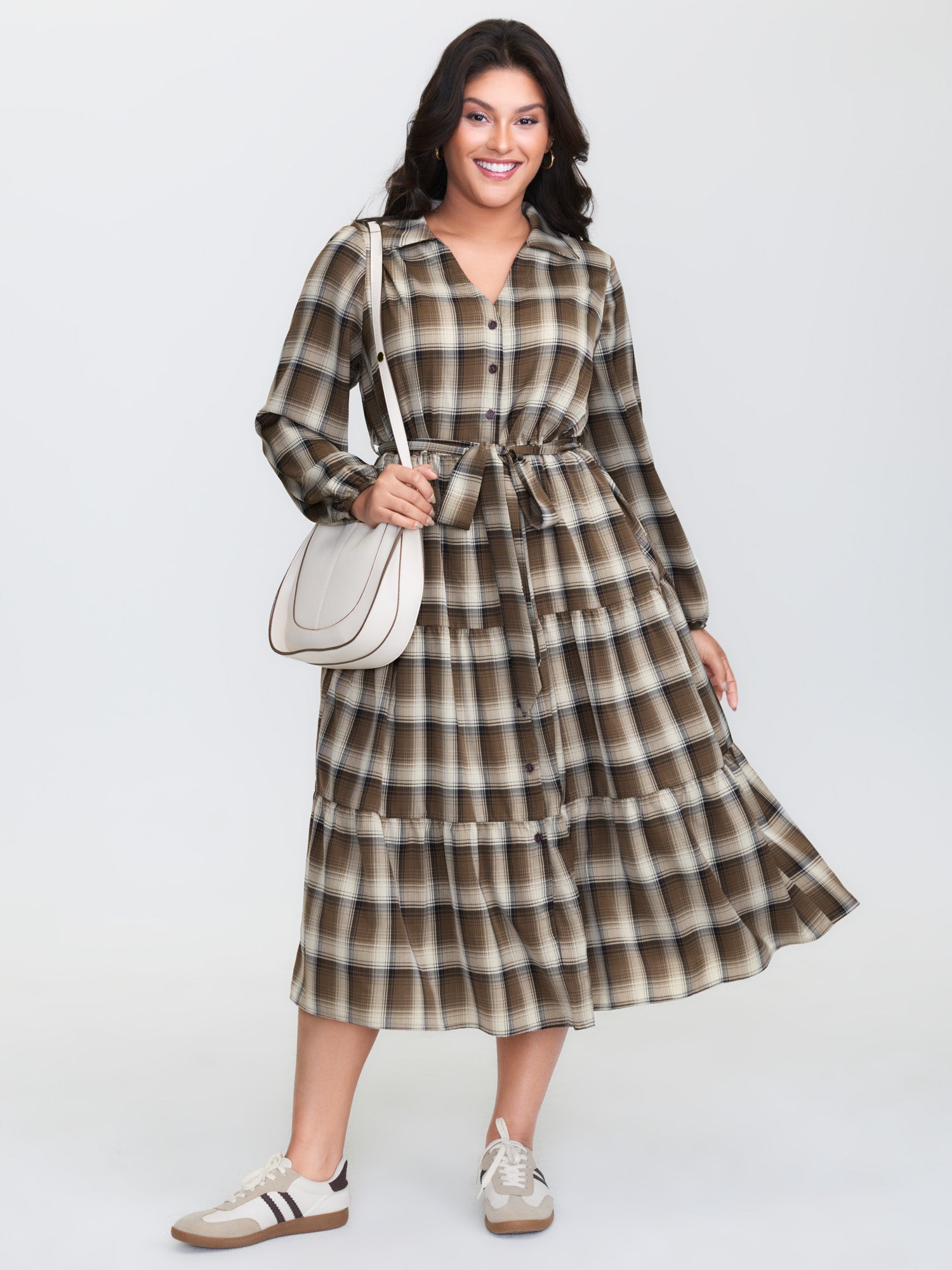Plaid Print Belted Maxi Shirt Dress