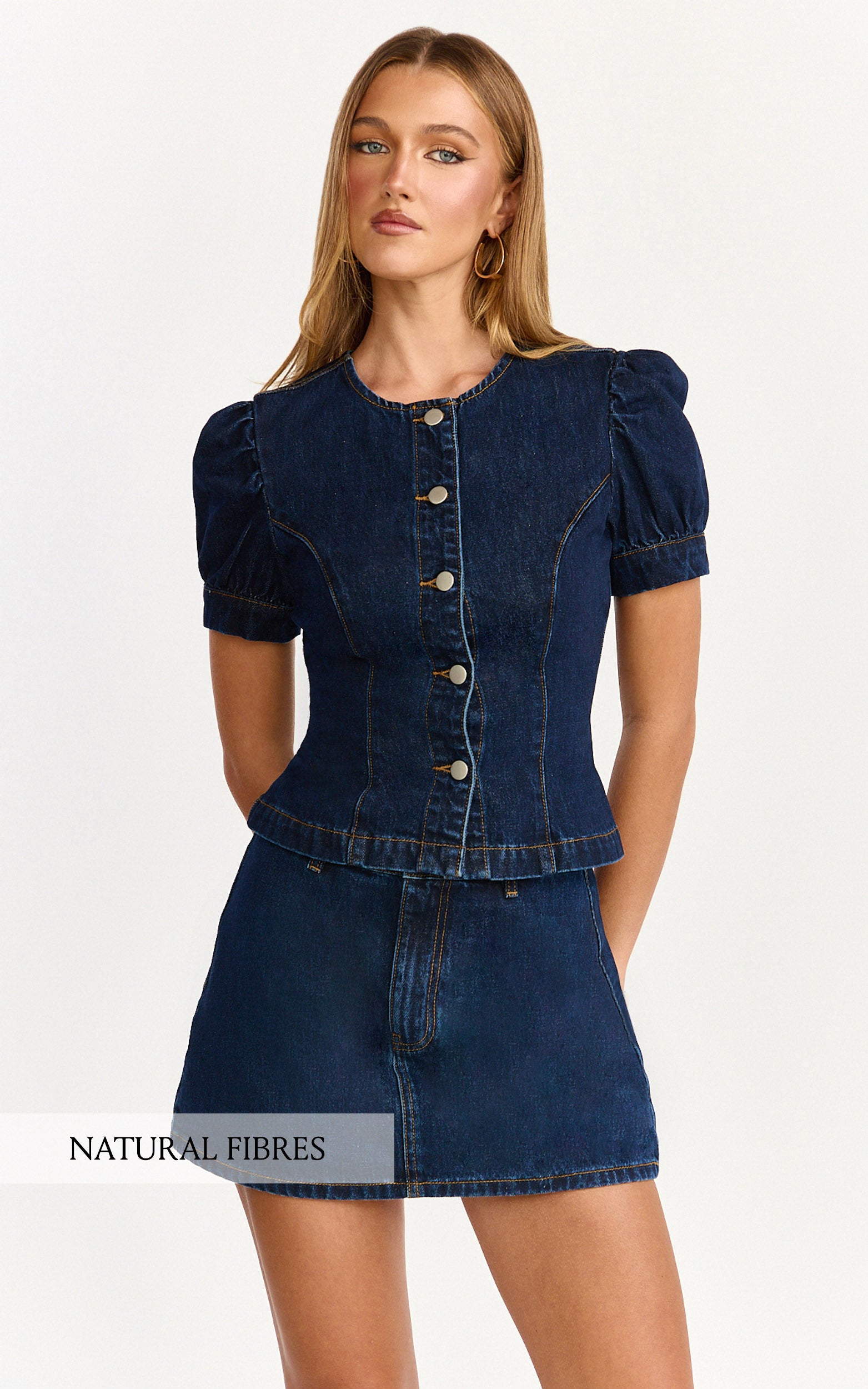 Sophie Top - Puff Sleeve Button Down Denim Top in Indigo