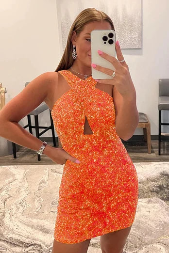 Glitter Orange Halter Backless Sequins Tight Homecoming Dress/Mini Dress