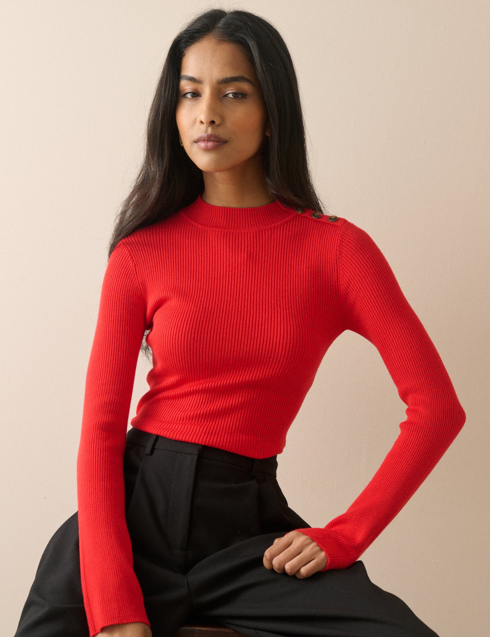 Red Ribbed Button Detail Top