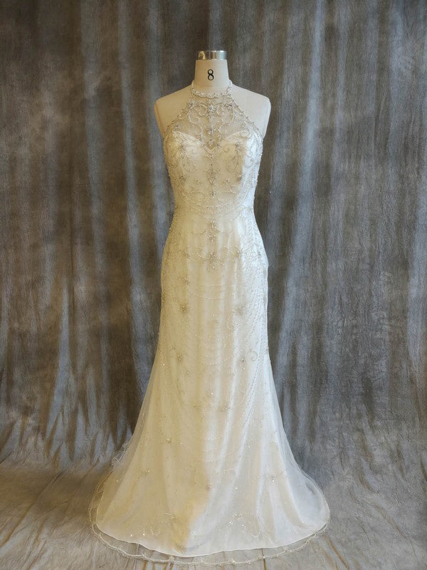 Chic Mermaid Halter Backless Lace Court Train Wedding Dresses