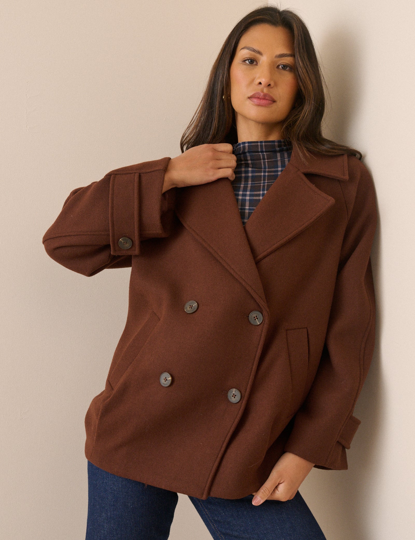 Brown Oversized Collar Wool-Blend Peacoat