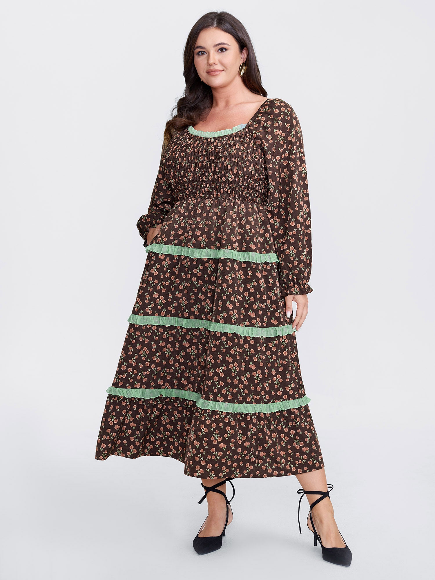 Floral Lace Trim Stretchy Waist Midi Dress