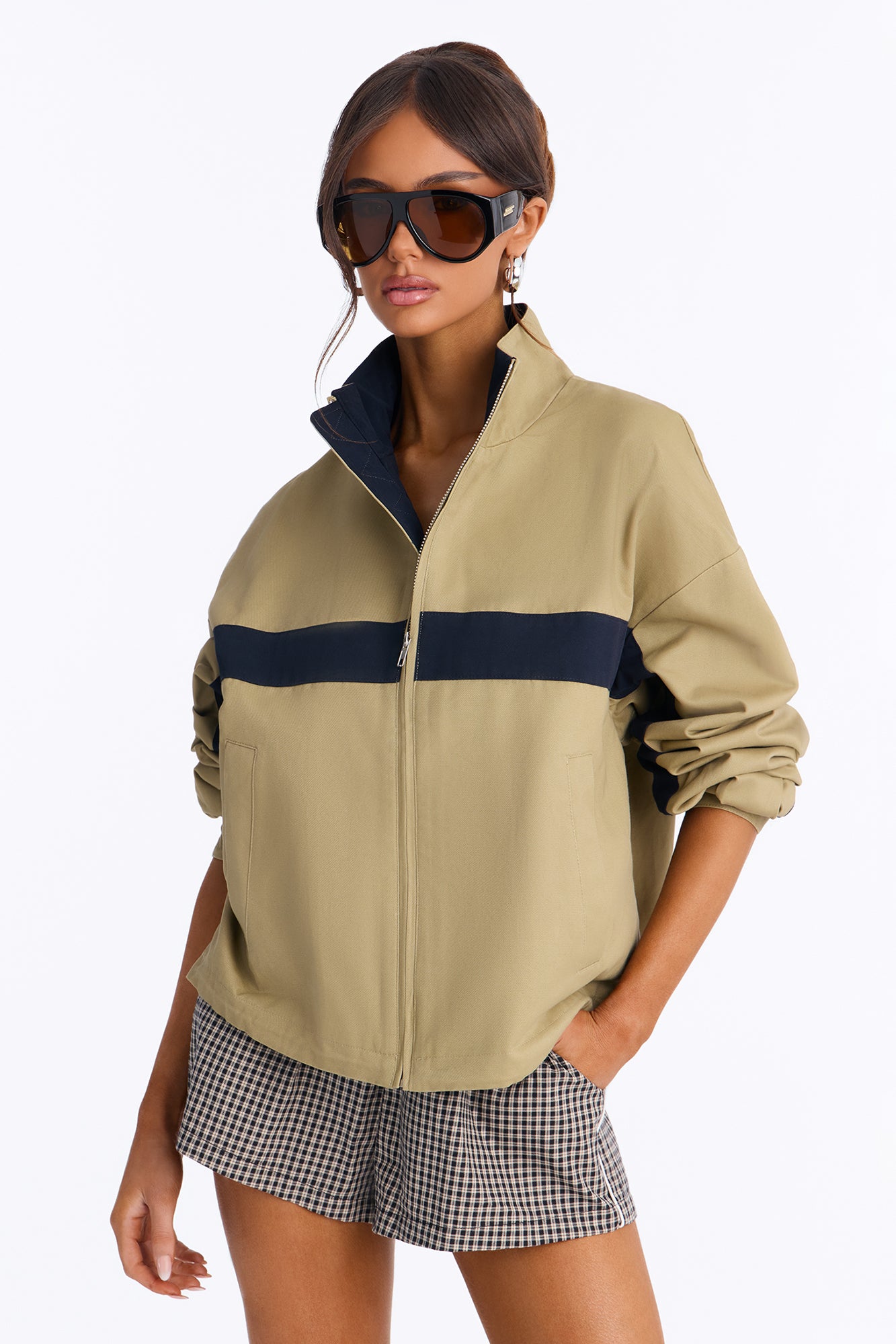 Feeling Fresh Twill Funnel Neck Zip Jacket - Khaki/combo