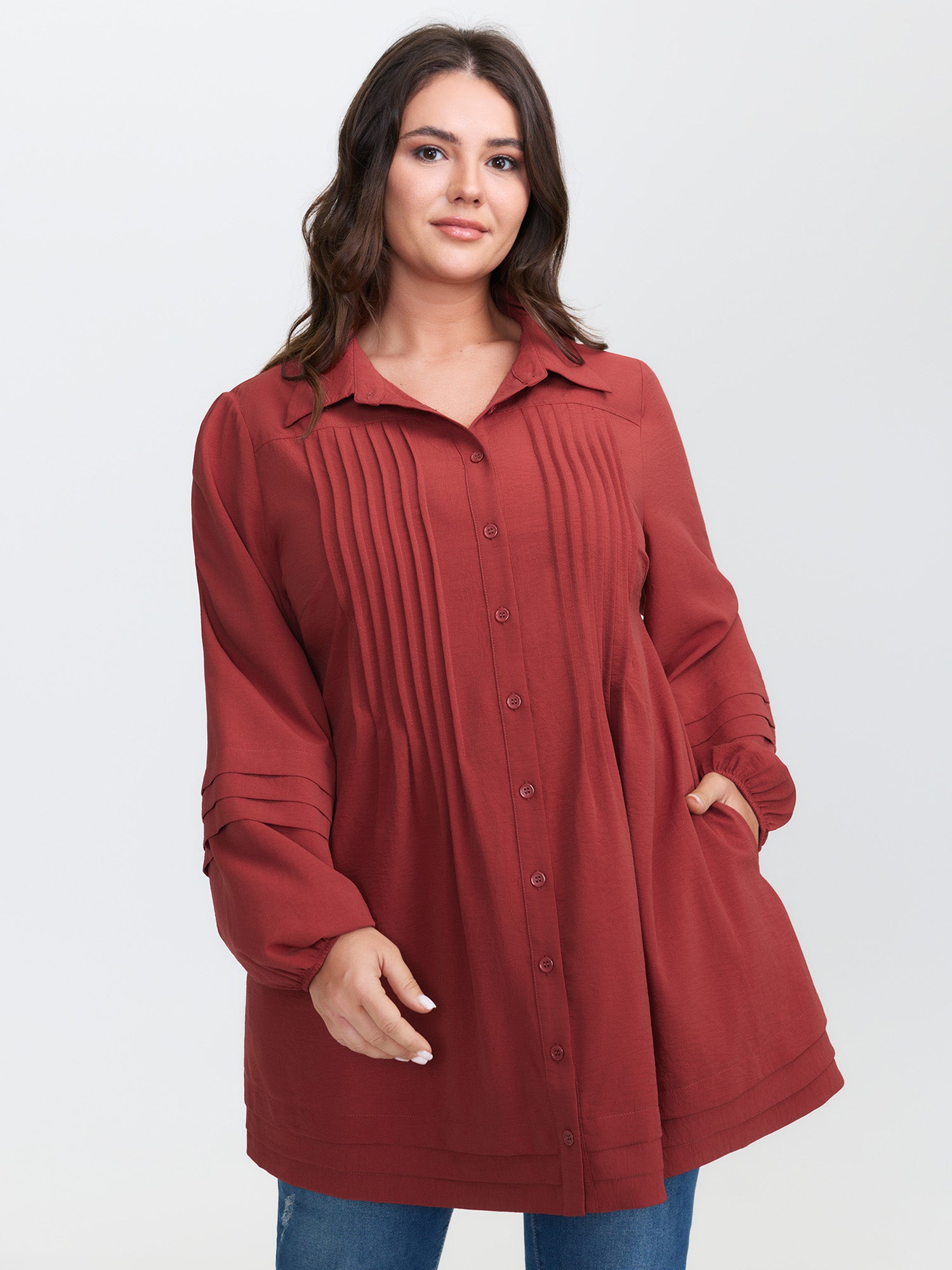 Pleated Button Placket Open-Front Shirt