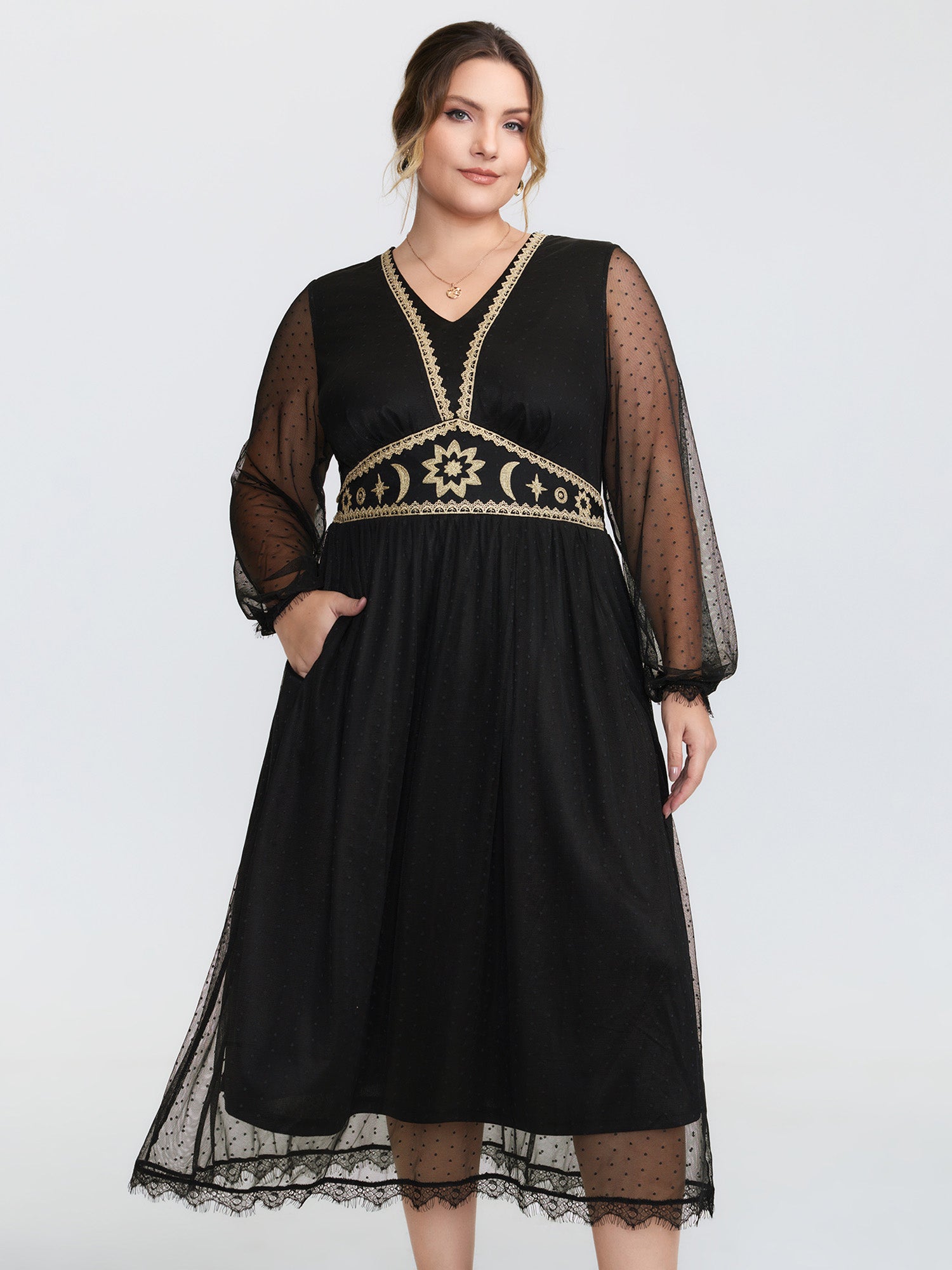 Gold Embroidery Lace Trim Sheer Maxi Dress