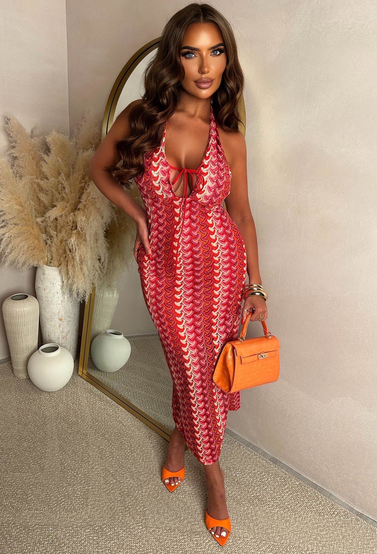 Tropic Tease Red Knitted Zig Zag Plunge Maxi Dress