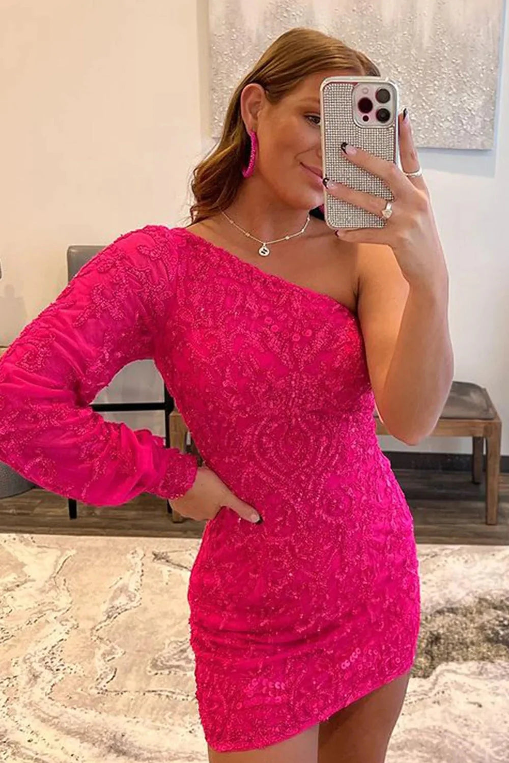 Hot Pink Beaded Sequins One Shoulder Tight Homecoming Dress/Mini Dress